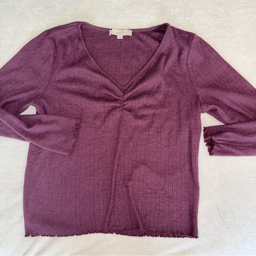 LOFT Maroon V-Neck Knit Long Sleeve Top